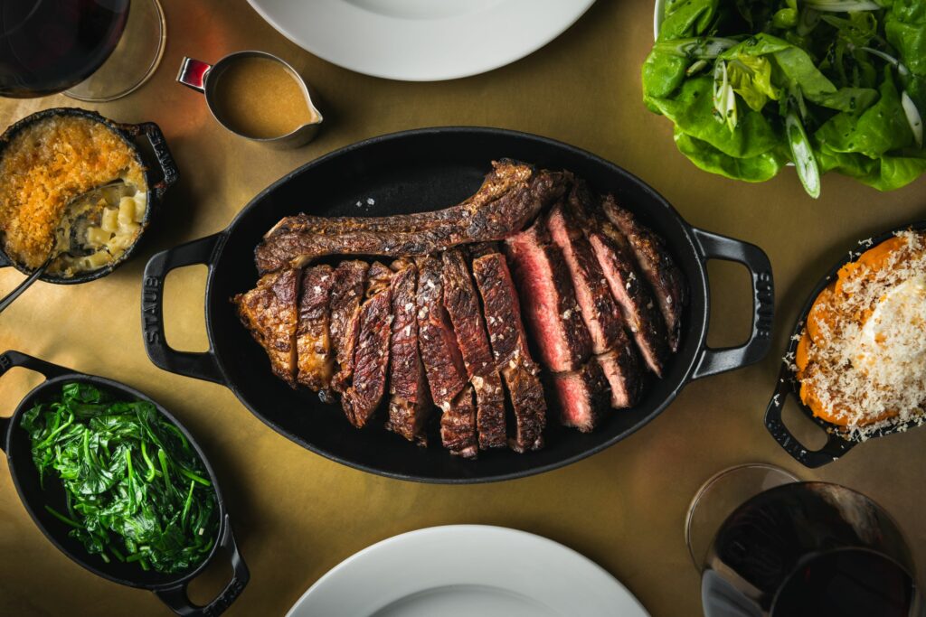 prime rib steak with sides