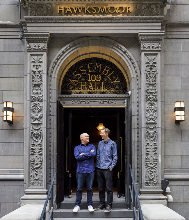 Will and Huw standing on the steps of Hawksmoor New York